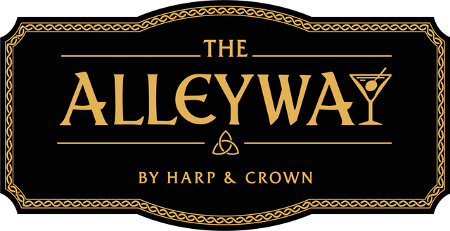 The Alleyway’s gold identity with a cocktail-glass Y, interlaced border and by Harp & Crown line.
