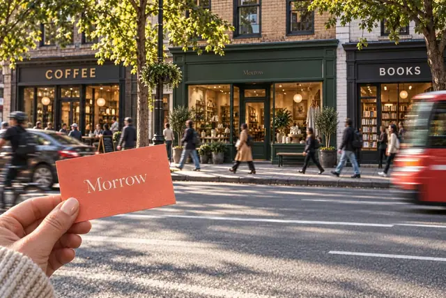 Passing traffic and pedestrians move past a fictional Morrow storefront with a small low-contrast name, beside larger neighboring signs; its coral brand card is clear up close.