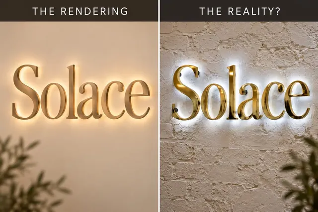 The same fictional Solace sign in two labeled panels: a warm matte rendering and a cooler reflective interpretation on a textured wall.