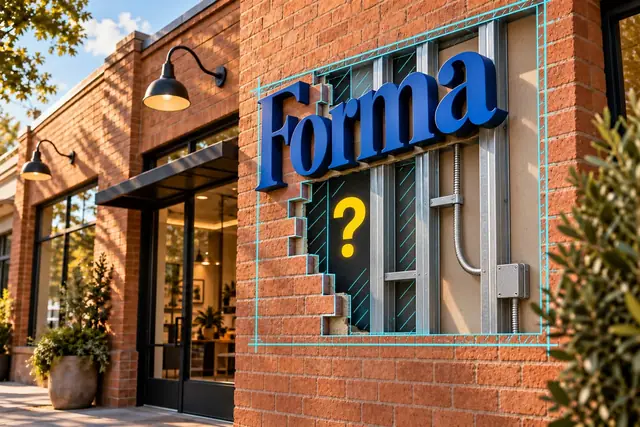 A cobalt Forma sign with a large architectural cutaway illustration revealing framing and a power route behind the brick, marked with a question mark.