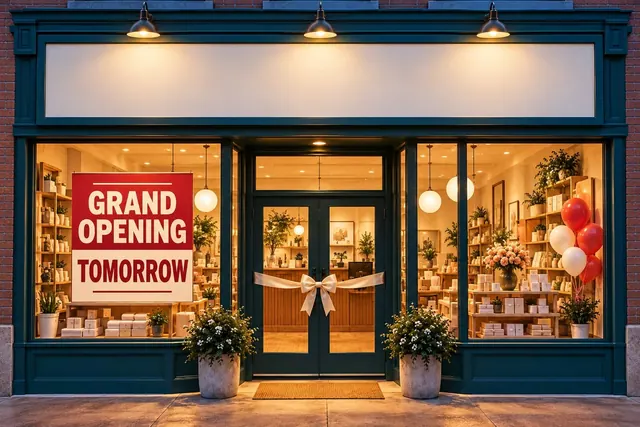 A ready shop with a large GRAND OPENING TOMORROW poster beneath an empty illuminated sign fascia.