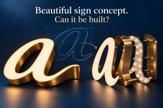 A glowing script letter beside an exploded illustration of its face, metal body, lighting and backing, asking whether the concept can be built.