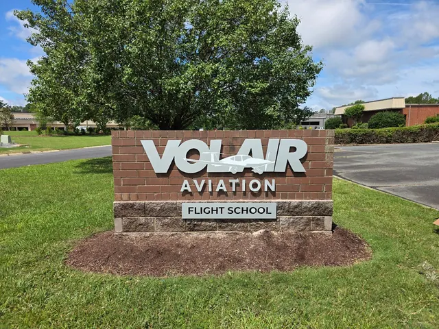 Volair property entrance sign shown in its landscaped setting.