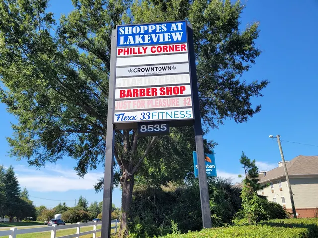 Blue and red Shoppes at Lakeview tenant sign beside a tree-lined property.