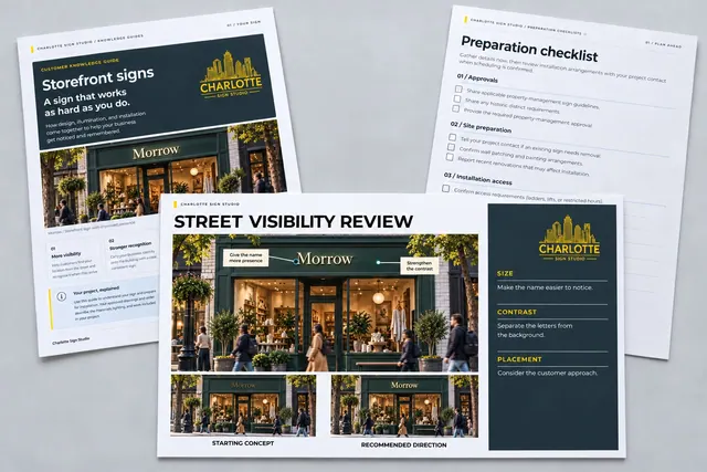 A street visibility review for the fictional Morrow storefront, showing larger lettering and stronger contrast, with a storefront-signs guide and preparation checklist.