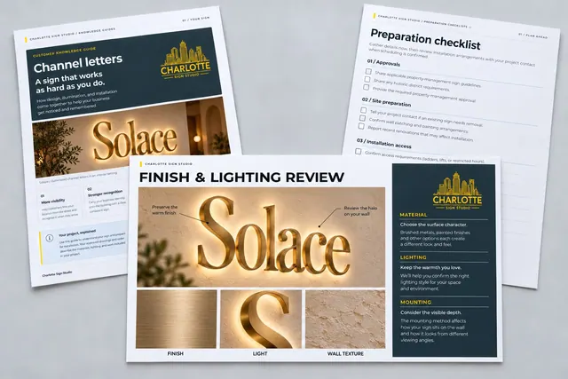 A finish and lighting review for a fictional Solace sign, with annotated warm gold lettering, material details, a guide and preparation checklist.