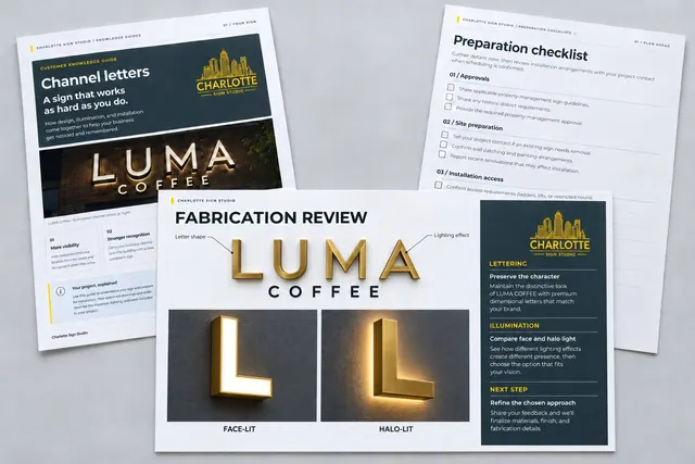 A fabrication review for a fictional LUMA sign, comparing face-lit and halo-lit letters, with a channel-letters guide and preparation checklist.