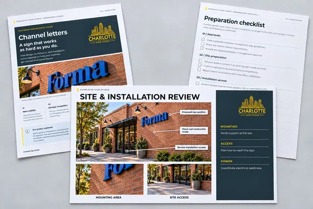 A site and installation review for a fictional Forma storefront, marking the proposed sign position and areas to assess onsite, with a guide and preparation checklist.