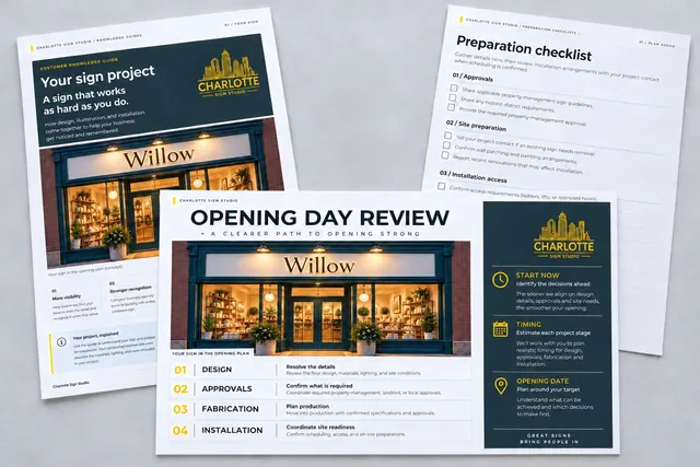 An opening-day review for a fictional Willow storefront, showing design, approvals, fabrication and installation stages, with a project guide and preparation checklist.