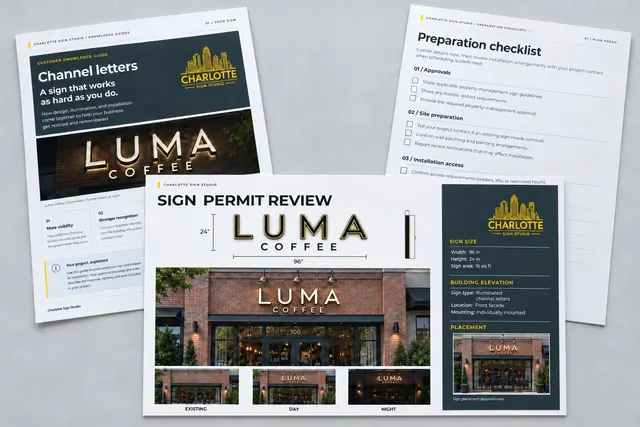 A professional sign-permit review package for a fictional LUMA storefront, with a channel-letters guide and preparation checklist.